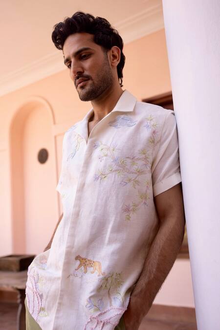 Asuka_White Linen Embroidery Panthera Bloom Shirt _Online_at_Aza_Fashions