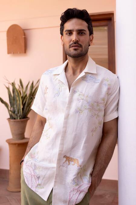 Shop_Asuka_White Linen Embroidery Panthera Bloom Shirt _Online_at_Aza_Fashions