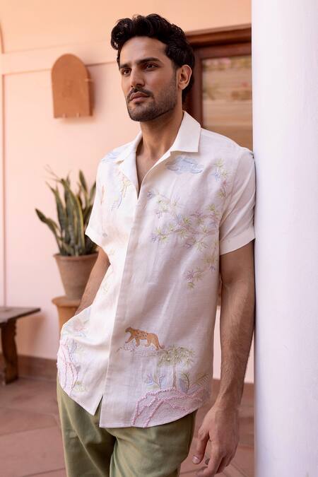 Asuka_White Linen Embroidery Panthera Bloom Shirt _at_Aza_Fashions