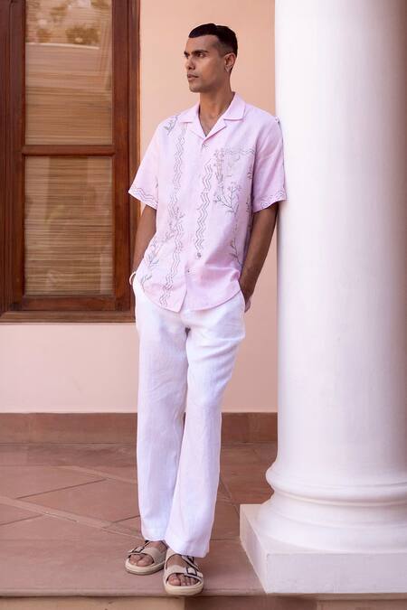 Asuka_Pink Linen Embroidery Baby Half Shirt _Online_at_Aza_Fashions