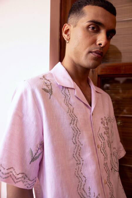 Buy_Asuka_Pink Linen Embroidery Baby Half Shirt _Online_at_Aza_Fashions