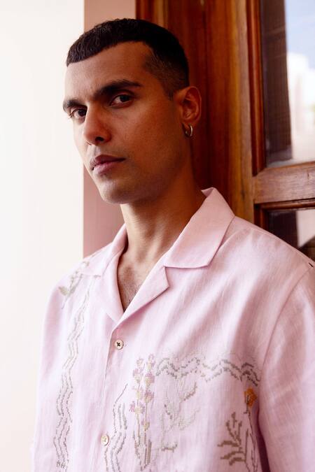 Shop_Asuka_Pink Linen Embroidery Baby Half Shirt _Online_at_Aza_Fashions