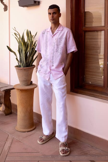 Asuka Baby Pink Embroidered Linen Half Shirt 