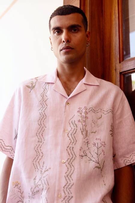 Asuka_Pink Linen Embroidery Baby Half Shirt _at_Aza_Fashions