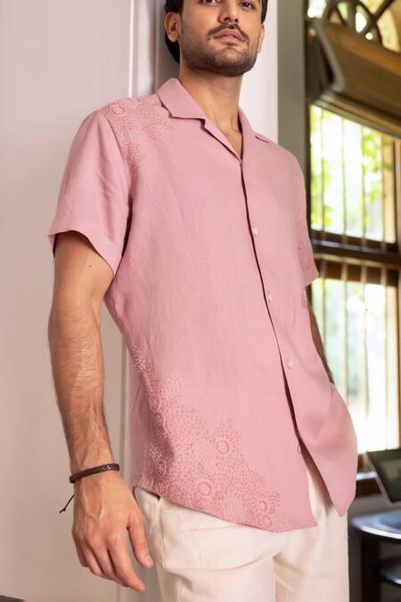Asuka_Pink Linen Embroidery Dusty Shirt _Online_at_Aza_Fashions