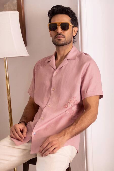 Buy_Asuka_Pink Linen Embroidery Dusty Shirt _Online_at_Aza_Fashions