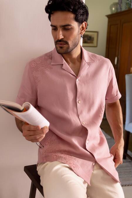 Shop_Asuka_Pink Linen Embroidery Dusty Shirt _Online_at_Aza_Fashions