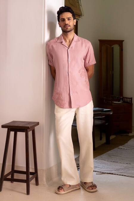 Asuka_Pink Linen Embroidery Dusty Shirt _at_Aza_Fashions