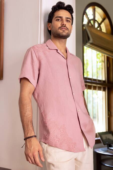 Buy_Asuka_Pink Linen Embroidery Dusty Shirt 