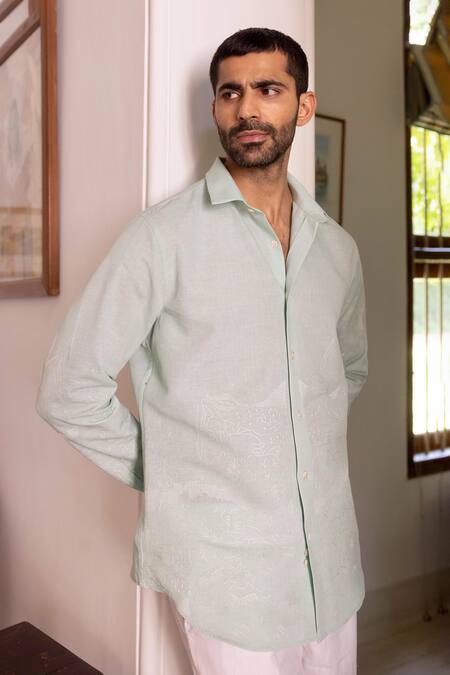 Asuka_Blue Linen Embroidery Seafoam Silence Shirt _Online_at_Aza_Fashions