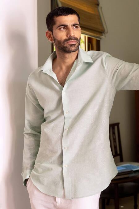 Shop_Asuka_Blue Linen Embroidery Seafoam Silence Shirt _Online_at_Aza_Fashions