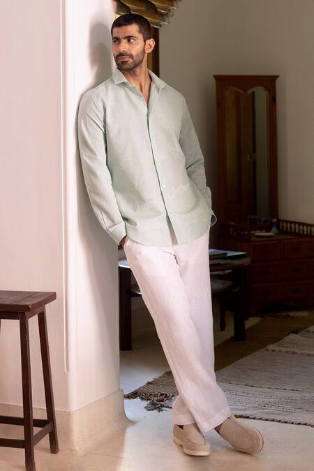 Asuka_Blue Linen Embroidery Seafoam Silence Shirt _at_Aza_Fashions