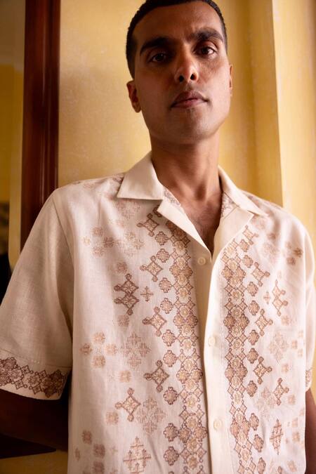 Asuka_Cream Linen Embroidery Desert Mosaic Shirt _Online_at_Aza_Fashions