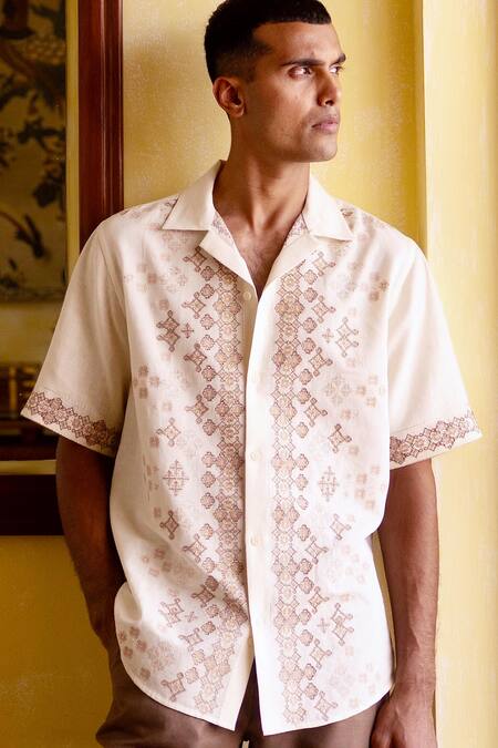 Buy_Asuka_Cream Linen Embroidery Desert Mosaic Shirt _Online_at_Aza_Fashions