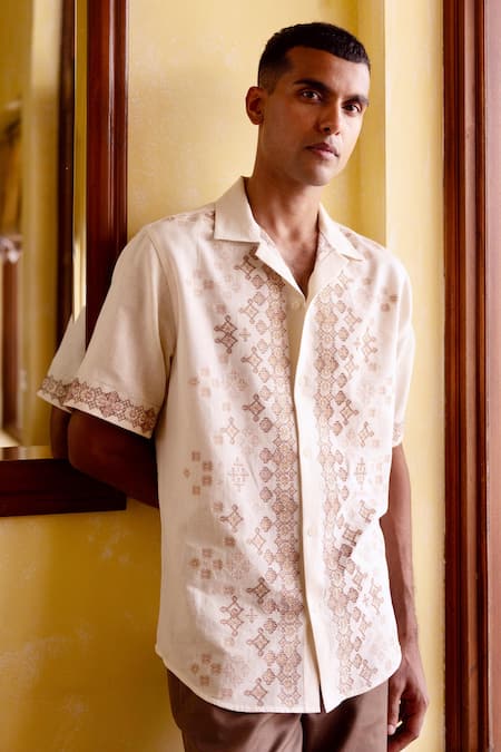 Shop_Asuka_Cream Linen Embroidery Desert Mosaic Shirt _Online_at_Aza_Fashions