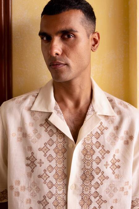 Asuka_Cream Linen Embroidery Desert Mosaic Shirt _at_Aza_Fashions