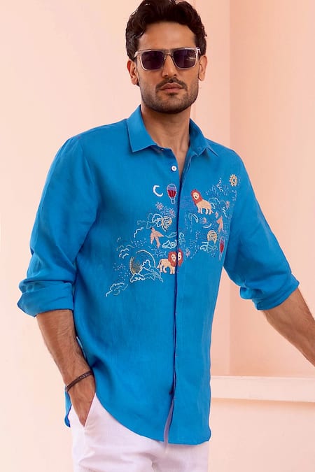 Asuka_Blue Linen Embroidery Zodiac Safari Shirt _Online_at_Aza_Fashions