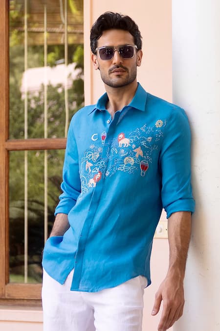 Buy_Asuka_Blue Linen Embroidery Zodiac Safari Shirt _Online_at_Aza_Fashions