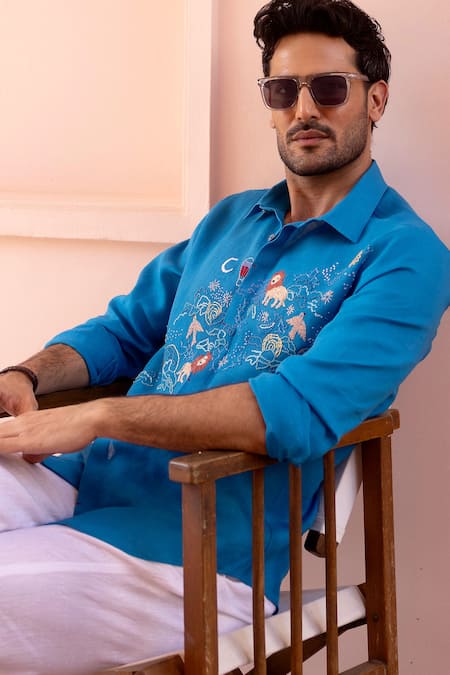 Shop_Asuka_Blue Linen Embroidery Zodiac Safari Shirt _Online_at_Aza_Fashions