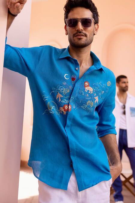 Asuka_Blue Linen Embroidery Zodiac Safari Shirt _at_Aza_Fashions
