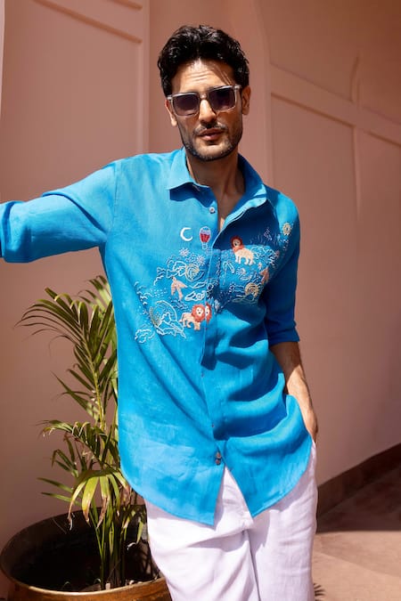 Buy_Asuka_Blue Linen Embroidery Zodiac Safari Shirt 