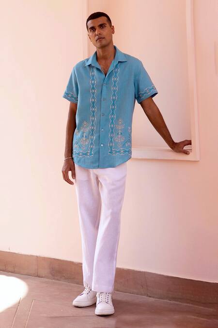 Asuka Turquoise Linen Embroidery Waveform Echo Shirt Online at Aza Fashions Asuka_Turquoise Linen Embroidery Waveform Echo Shirt _Online_at_Aza_Fashions