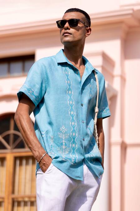 Buy Asuka Turquoise Linen Embroidery Waveform Echo Shirt Online at Aza Fashions Buy_Asuka_Turquoise Linen Embroidery Waveform Echo Shirt _Online_at_Aza_Fashions