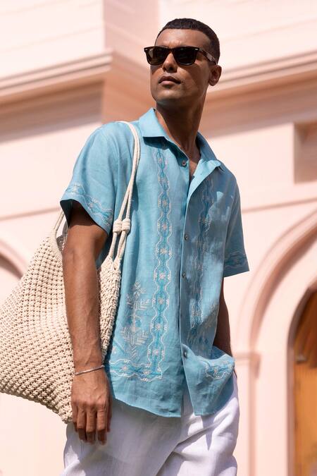 Shop Asuka Turquoise Linen Embroidery Waveform Echo Shirt Online at Aza Fashions Shop_Asuka_Turquoise Linen Embroidery Waveform Echo Shirt _Online_at_Aza_Fashions