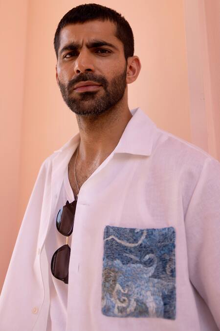 Asuka_White Linen Embroidery Indigo Patch Pocket Shirt _Online_at_Aza_Fashions