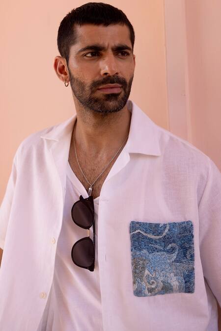 Buy_Asuka_White Linen Embroidery Indigo Patch Pocket Shirt _Online_at_Aza_Fashions