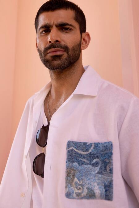 Shop_Asuka_White Linen Embroidery Indigo Patch Pocket Shirt _Online_at_Aza_Fashions