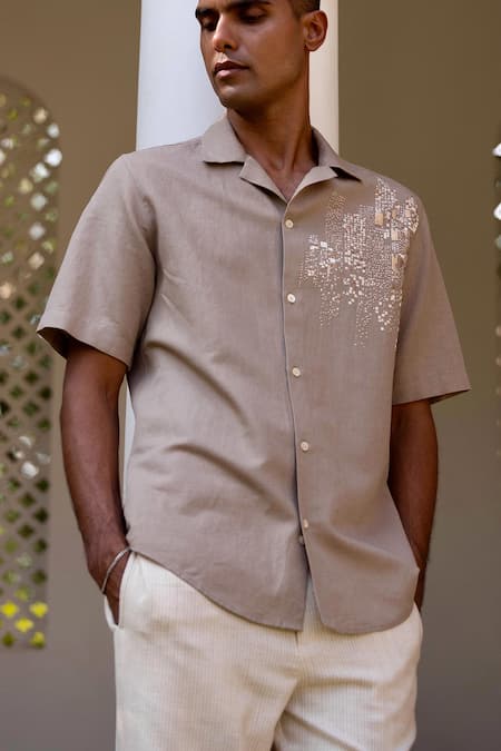 Asuka Brown Linen Embroidery Dune Grid Shirt Online at Aza Fashions Asuka_Brown Linen Embroidery Dune Grid Shirt _Online_at_Aza_Fashions