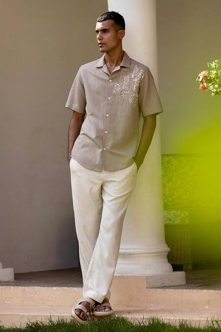 Buy Asuka Brown Linen Embroidery Dune Grid Shirt Online at Aza Fashions Buy_Asuka_Brown Linen Embroidery Dune Grid Shirt _Online_at_Aza_Fashions