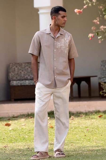 Shop Asuka Brown Linen Embroidery Dune Grid Shirt Online at Aza Fashions Shop_Asuka_Brown Linen Embroidery Dune Grid Shirt _Online_at_Aza_Fashions