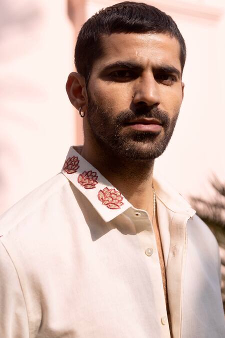 Asuka_Cream Cotton, Linen Embroidery Mughal Courtyard Shirt _Online_at_Aza_Fashions