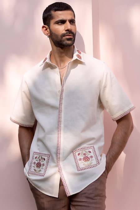 Asuka Cream Cotton, Linen Embroidery Mughal Courtyard Shirt 
