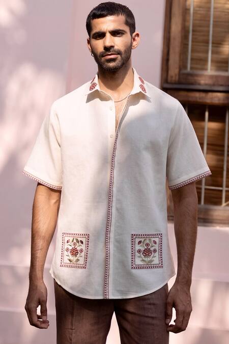 Buy_Asuka_Cream Cotton, Linen Embroidery Mughal Courtyard Shirt _Online_at_Aza_Fashions