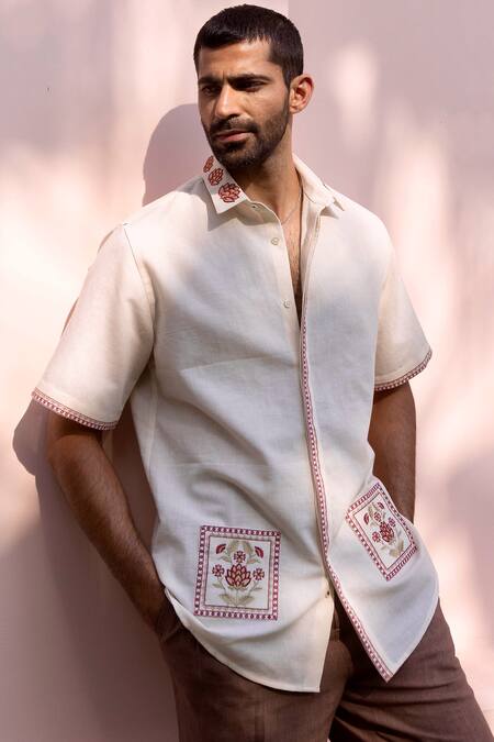 Shop_Asuka_Cream Cotton, Linen Embroidery Mughal Courtyard Shirt _Online_at_Aza_Fashions