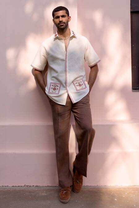 Asuka_Cream Cotton, Linen Embroidery Mughal Courtyard Shirt _at_Aza_Fashions