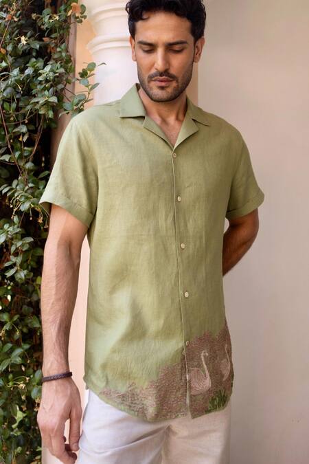 Asuka_Green Linen Embroidery Swan Song Shirt _Online_at_Aza_Fashions