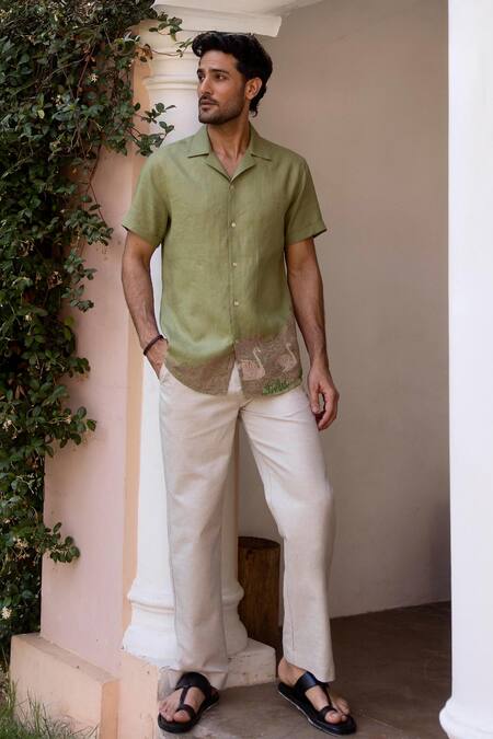 Buy_Asuka_Green Linen Embroidery Swan Song Shirt _Online_at_Aza_Fashions
