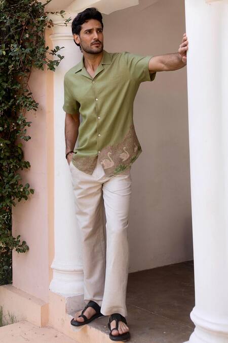 Shop_Asuka_Green Linen Embroidery Swan Song Shirt _Online_at_Aza_Fashions