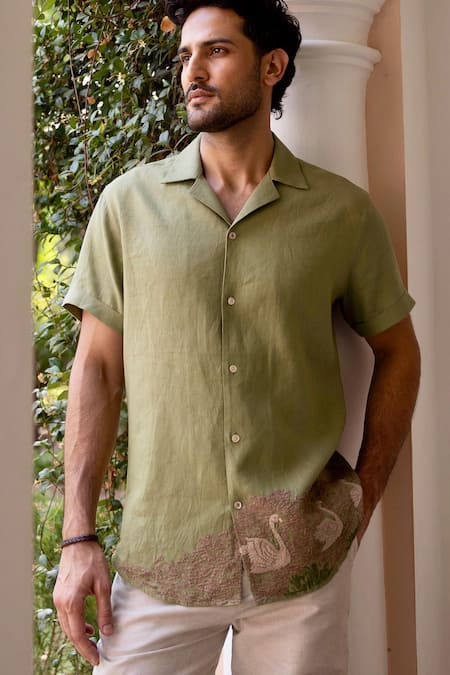 Asuka Green Linen Embroidery Swan Song Shirt 