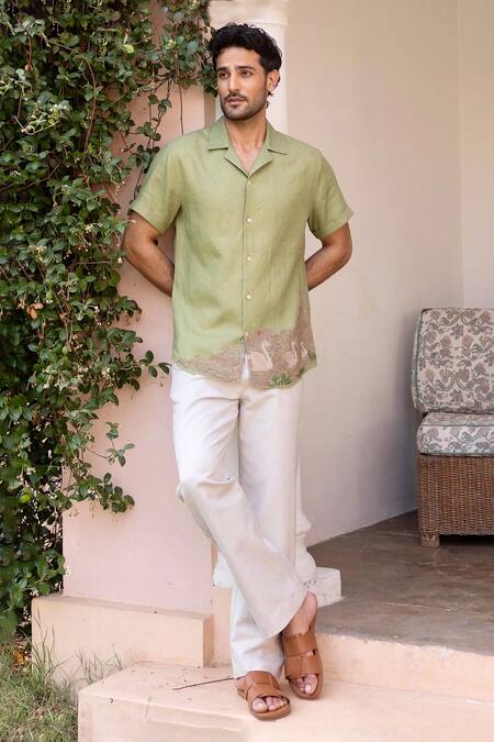 Asuka_Green Linen Embroidery Swan Song Shirt _at_Aza_Fashions