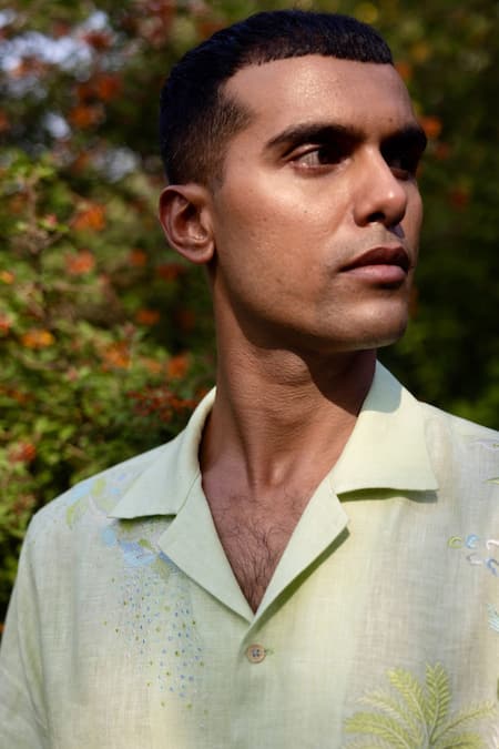 Asuka_Green Linen Embroidery Ombre Palm Drift Shirt _Online_at_Aza_Fashions