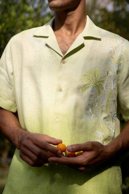 Buy_Asuka_Green Linen Embroidery Ombre Palm Drift Shirt _Online_at_Aza_Fashions