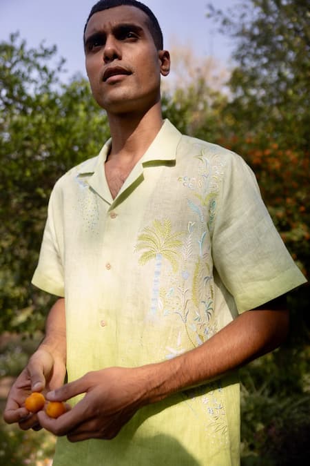 Shop_Asuka_Green Linen Embroidery Ombre Palm Drift Shirt _Online_at_Aza_Fashions