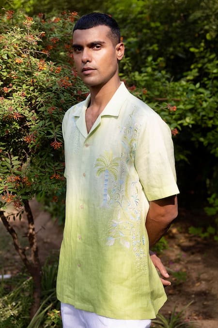 Asuka_Green Linen Embroidery Ombre Palm Drift Shirt _at_Aza_Fashions
