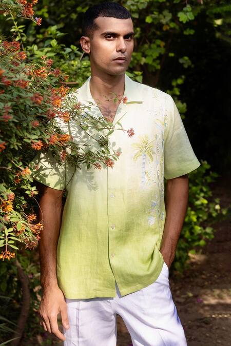Buy_Asuka_Green Linen Embroidery Ombre Palm Drift Shirt 