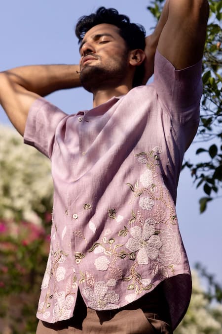 Asuka_Purple Linen Embroidery Ombre Lavender Shirt _Online_at_Aza_Fashions